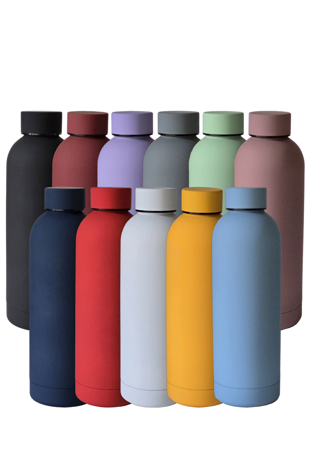 All eleven colours of the 500ml matte insulated water bottle in two rows: black, burgundy, lilac, grey, sage green and dusty pink behind; navy, red, white, mustard and sky blue in front