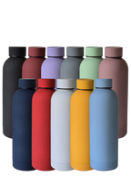 All eleven colours of the 500ml matte insulated water bottle in two rows: black, burgundy, lilac, grey, sage green and dusty pink behind; navy, red, white, mustard and sky blue in front